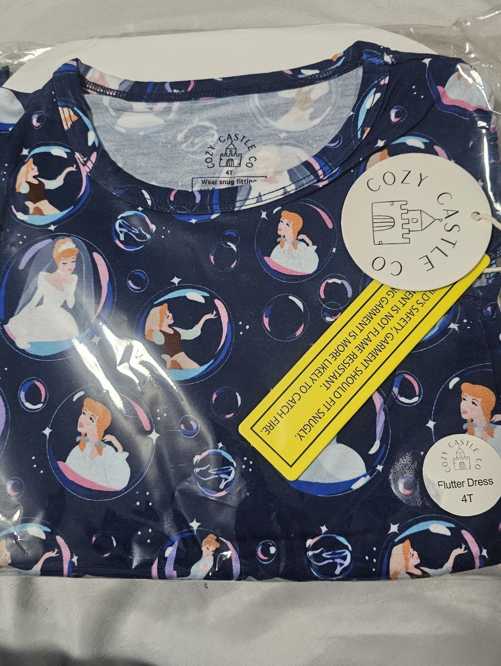 Cozy Castle Flutter Dress - Navy with Cinderella Bubble Print
